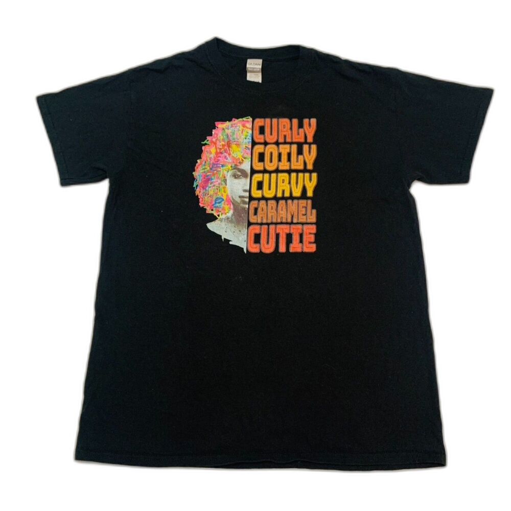 Bold Graphic Tee – Curly Coily Caramel Cutie – Afrocentric Black Woman Design